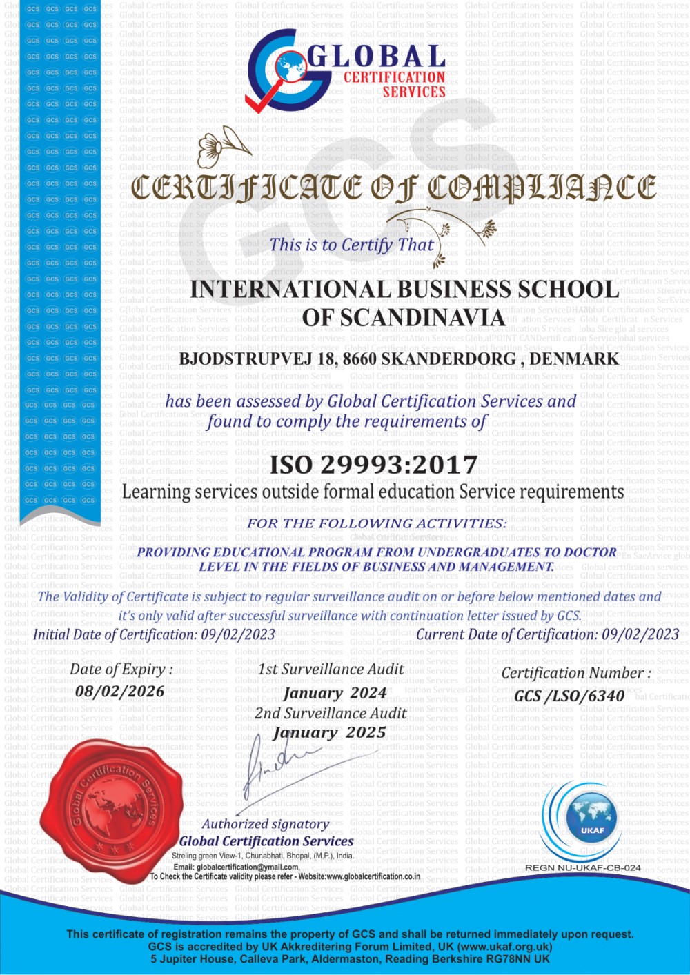 IBSS ISO 29993:2017 certificate dated February 2023