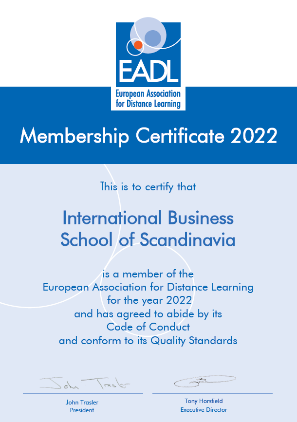 IBSS European Association for Distance Learning membership certificate for 2022