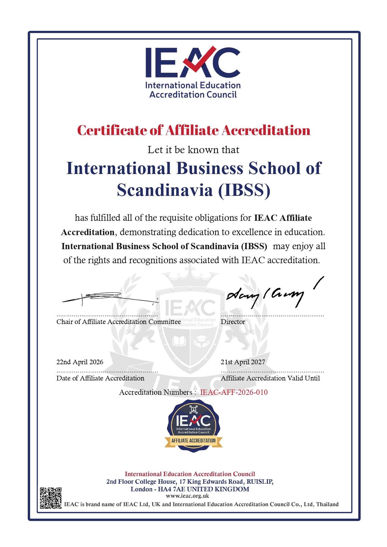 IBSS IEAC Certificate dated 25 February 2026